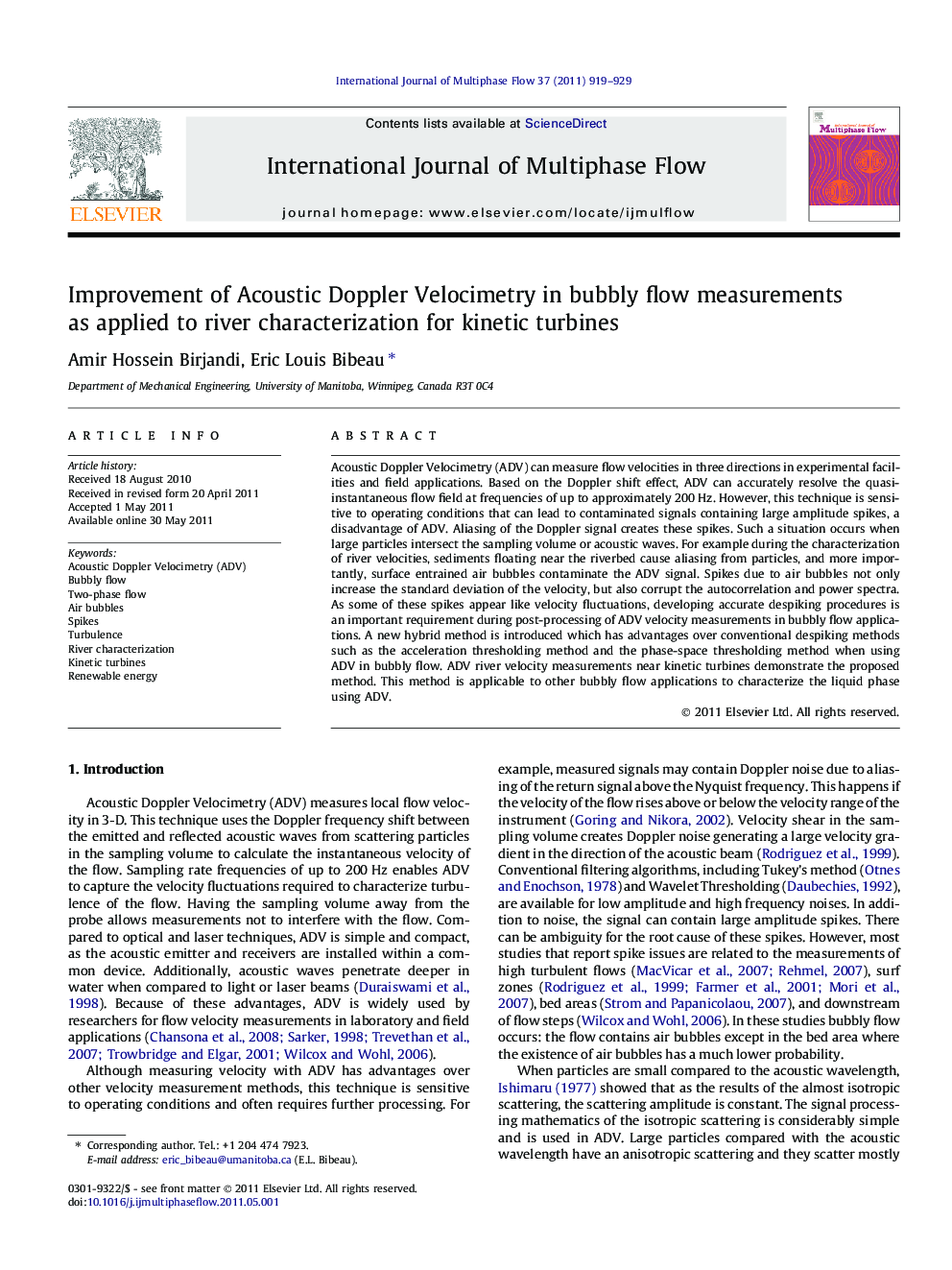 Improvement of Acoustic Doppler Velocimetry in bubbly flow measurements as applied to river characterization for kinetic turbines