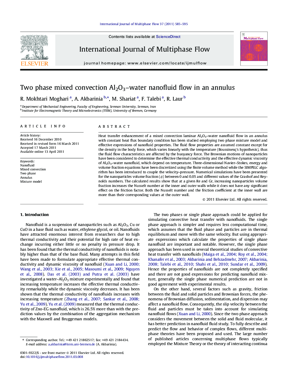 Two phase mixed convection Al2O3-water nanofluid flow in an annulus