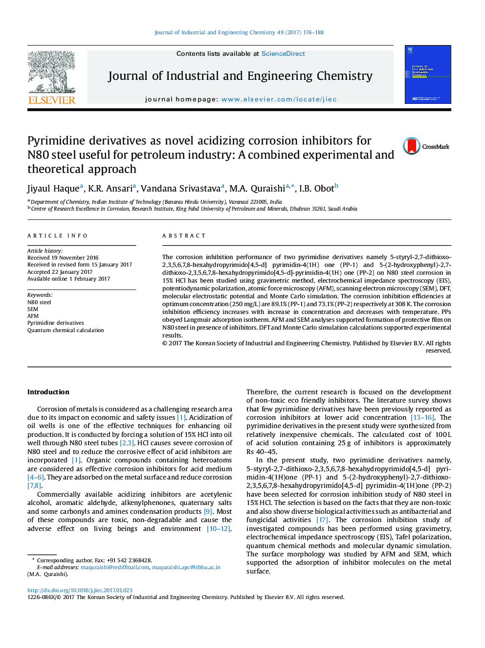 Pyrimidine derivatives as novel acidizing corrosion inhibitors for N80 steel useful for petroleum industry: A combined experimental and theoretical approach