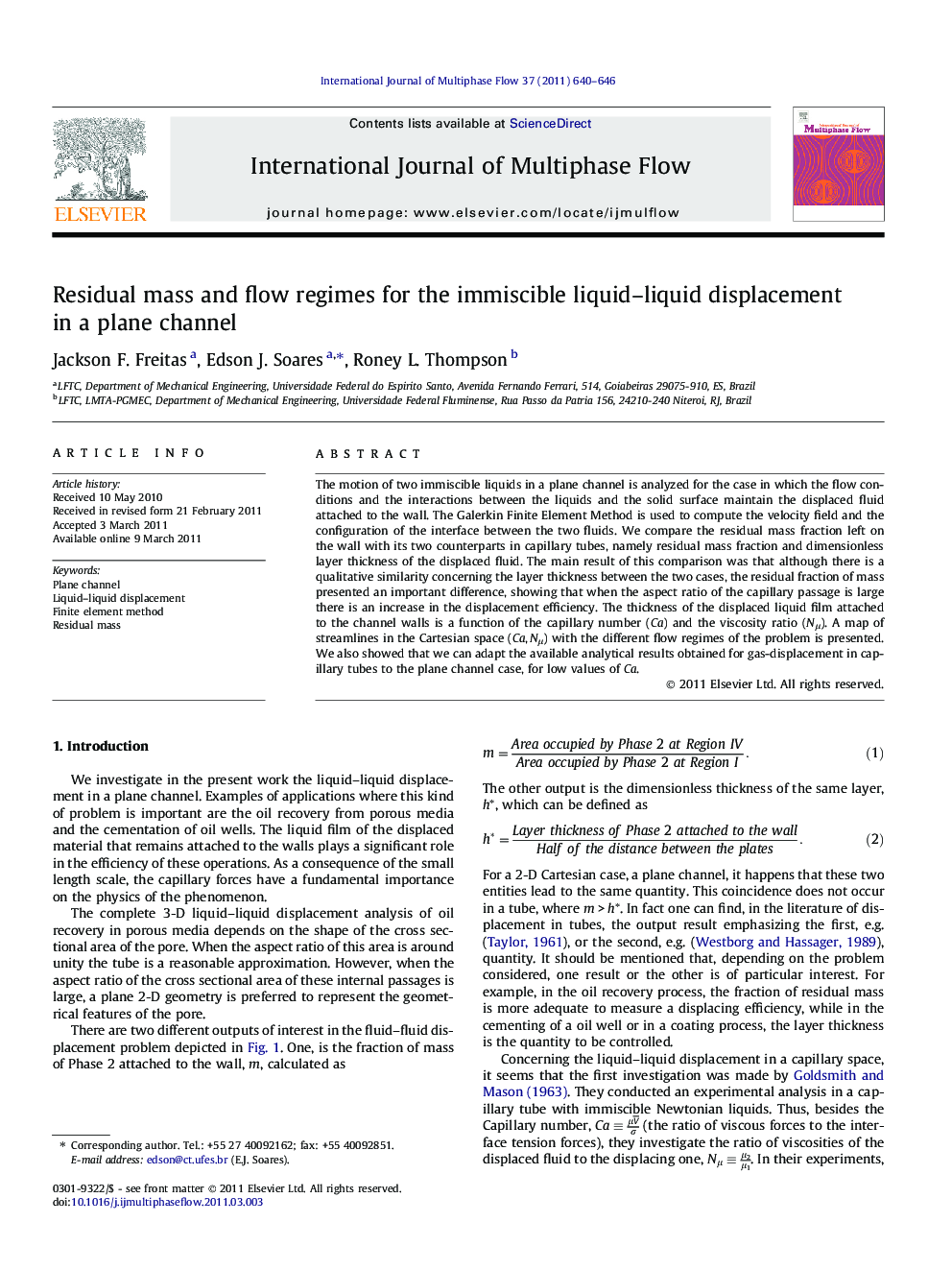 Residual mass and flow regimes for the immiscible liquid-liquid displacement in a plane channel