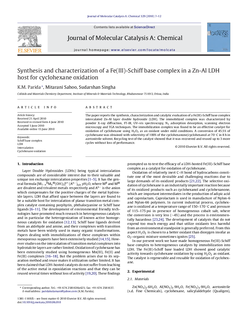 Synthesis and characterization of a Fe(III)-Schiff base complex in a Zn-Al LDH host for cyclohexane oxidation