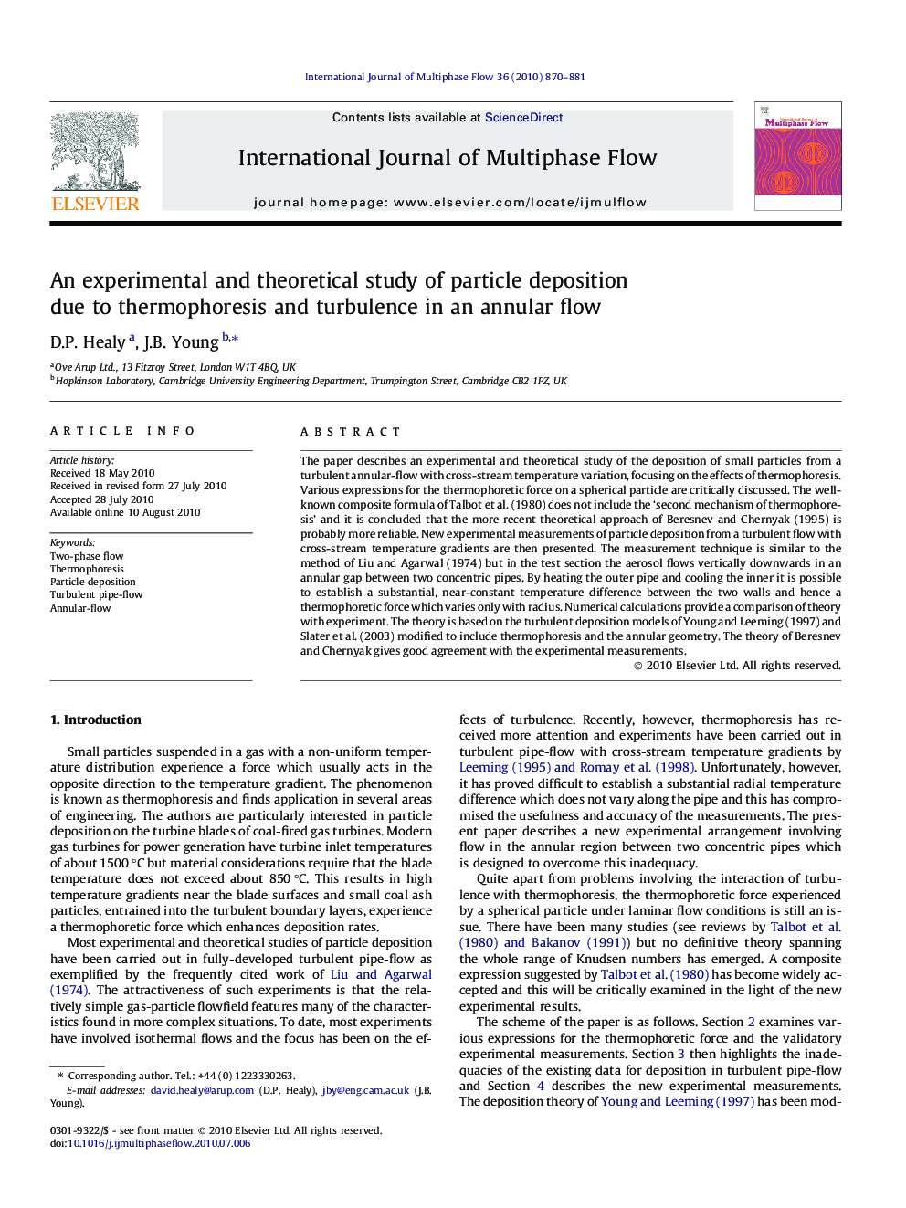 An experimental and theoretical study of particle deposition due to thermophoresis and turbulence in an annular flow