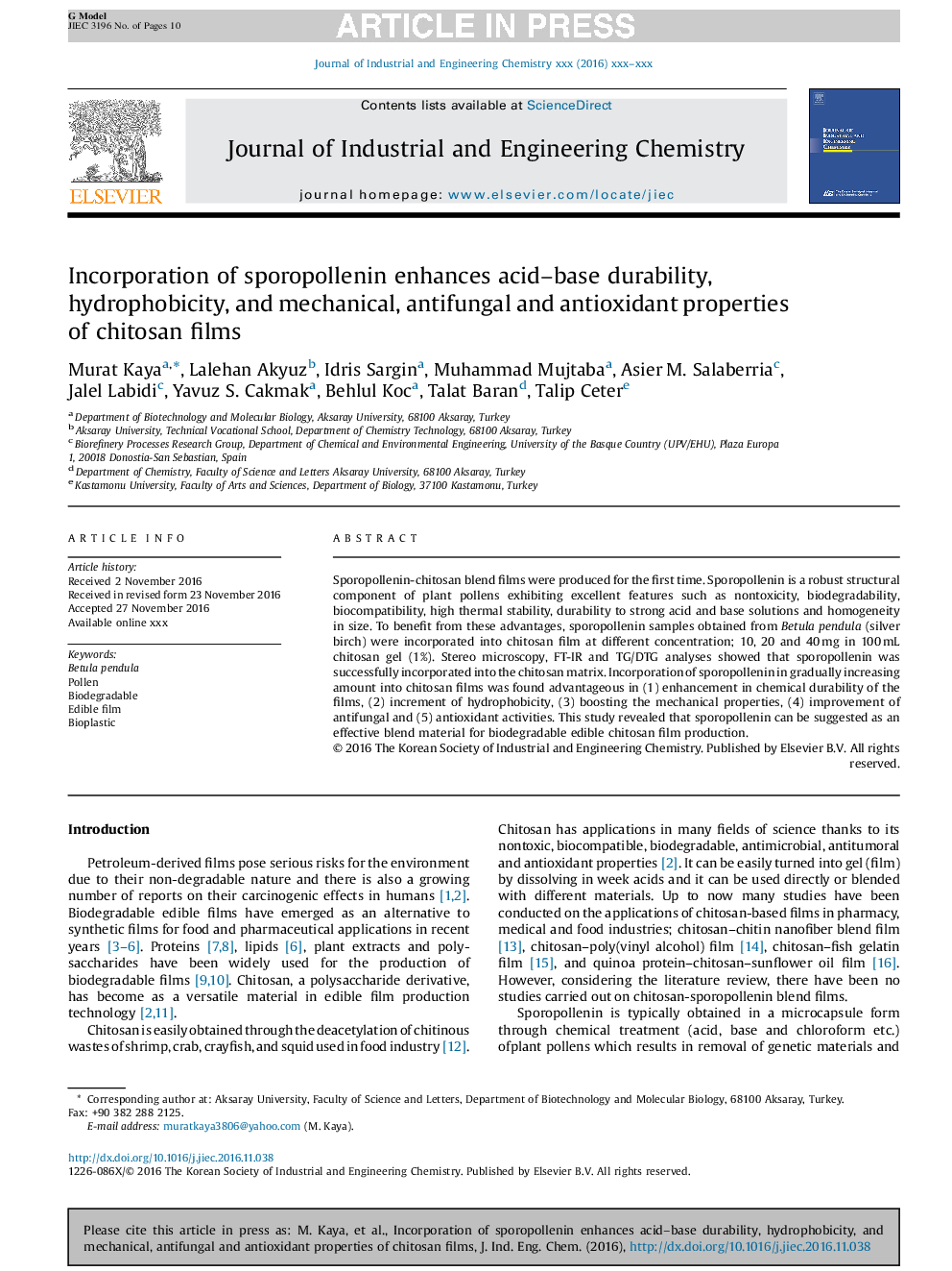 Incorporation of sporopollenin enhances acid-base durability, hydrophobicity, and mechanical, antifungal and antioxidant properties of chitosan films