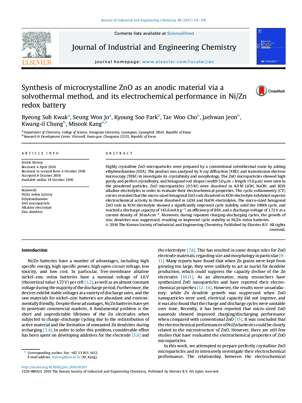 Synthesis of microcrystalline ZnO as an anodic material via a solvothermal method, and its electrochemical performance in Ni/Zn redox battery