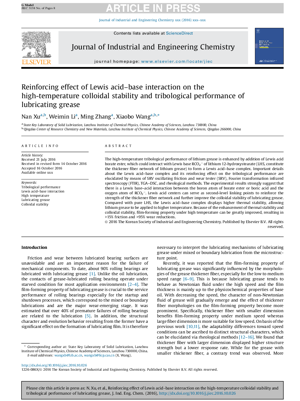 Reinforcing effect of Lewis acid-base interaction on the high-temperature colloidal stability and tribological performance of lubricating grease