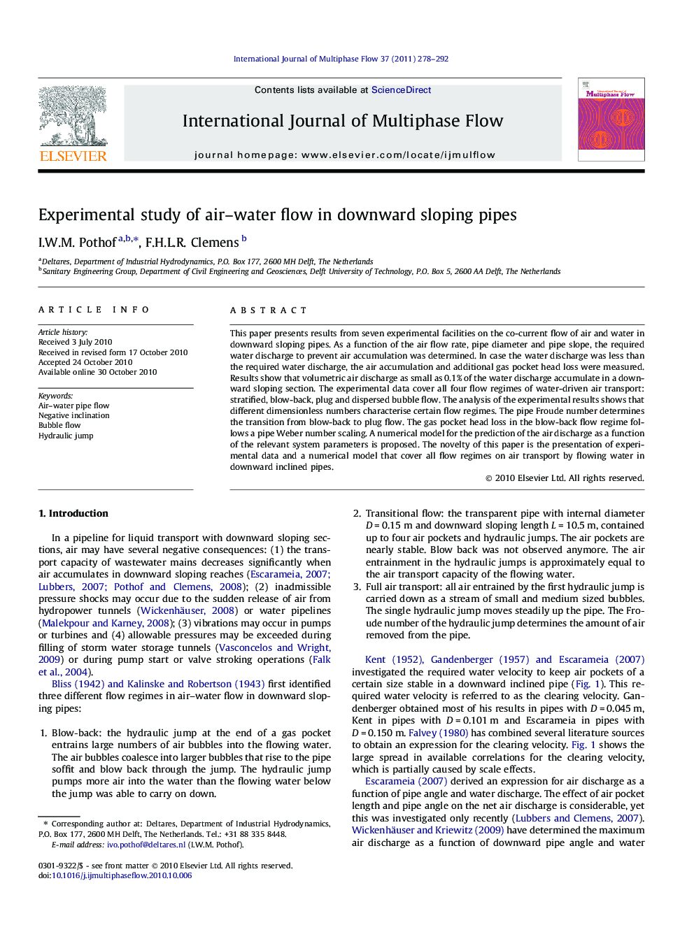 Experimental study of air–water flow in downward sloping pipes