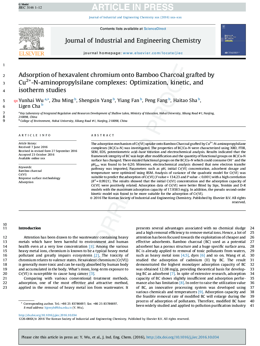 Adsorption of hexavalent chromium onto Bamboo Charcoal grafted by Cu2+-N-aminopropylsilane complexes: Optimization, kinetic, and isotherm studies