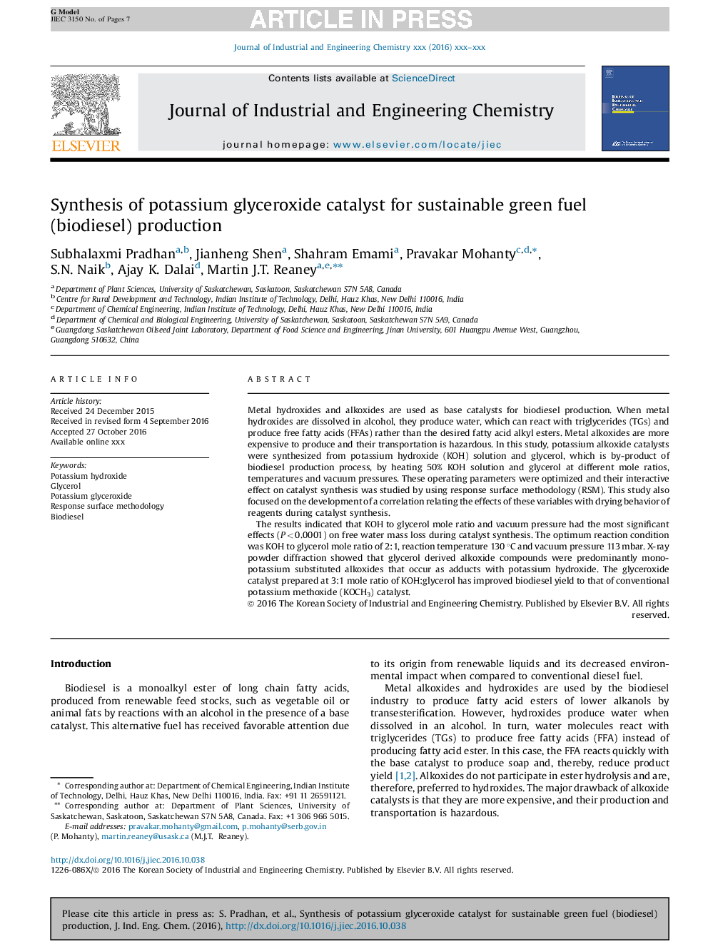 Synthesis of potassium glyceroxide catalyst for sustainable green fuel (biodiesel) production