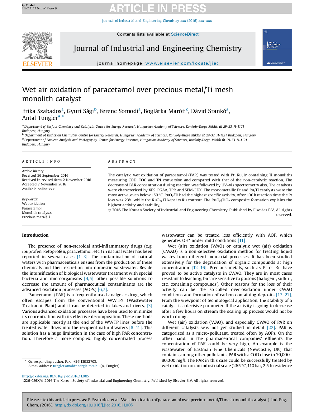 Wet air oxidation of paracetamol over precious metal/Ti mesh monolith catalyst