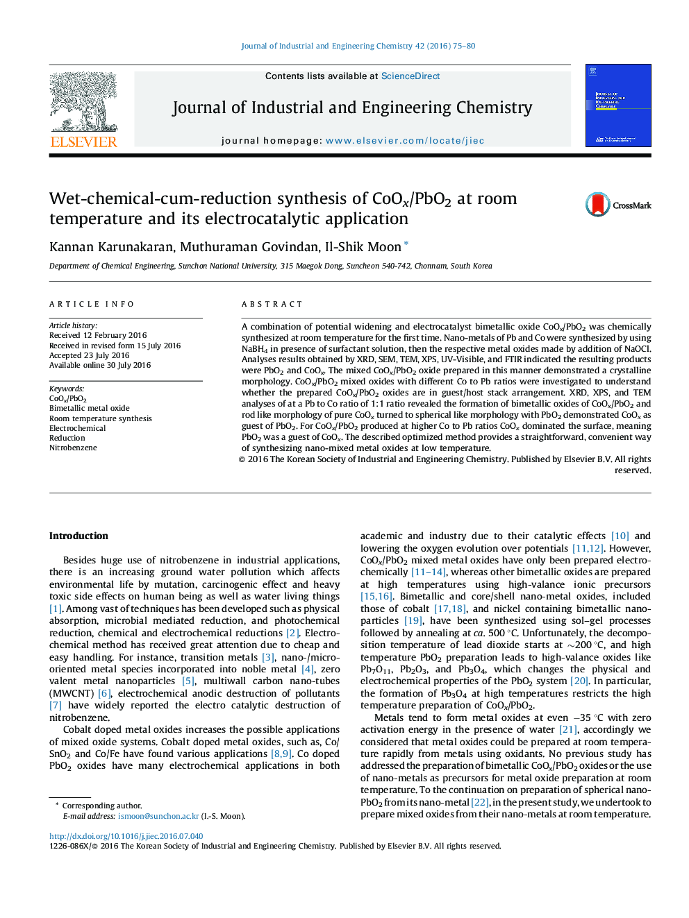 Wet-chemical-cum-reduction synthesis of CoOx/PbO2 at room temperature and its electrocatalytic application