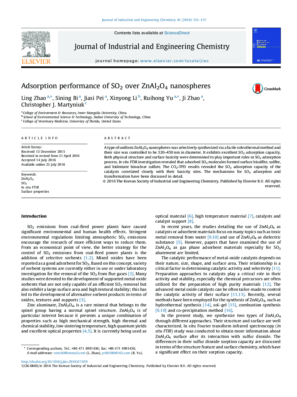 Adsorption performance of SO2 over ZnAl2O4 nanospheres