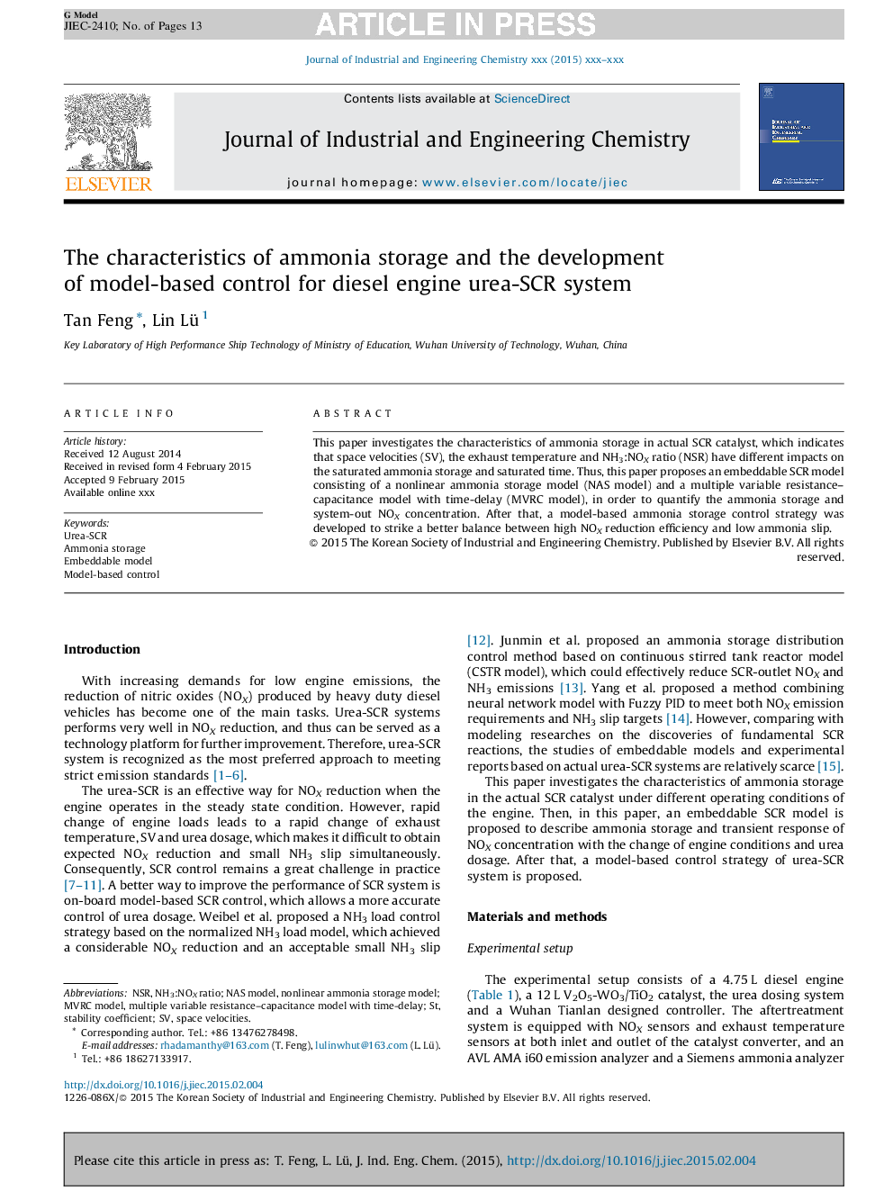 عکس صفحه اول مقاله: The characteristics of ammonia storage and the development of model-based control for diesel engine urea-SCR system The characteristics of ammonia storage and the development of model-based control for diesel engine urea-SCR system