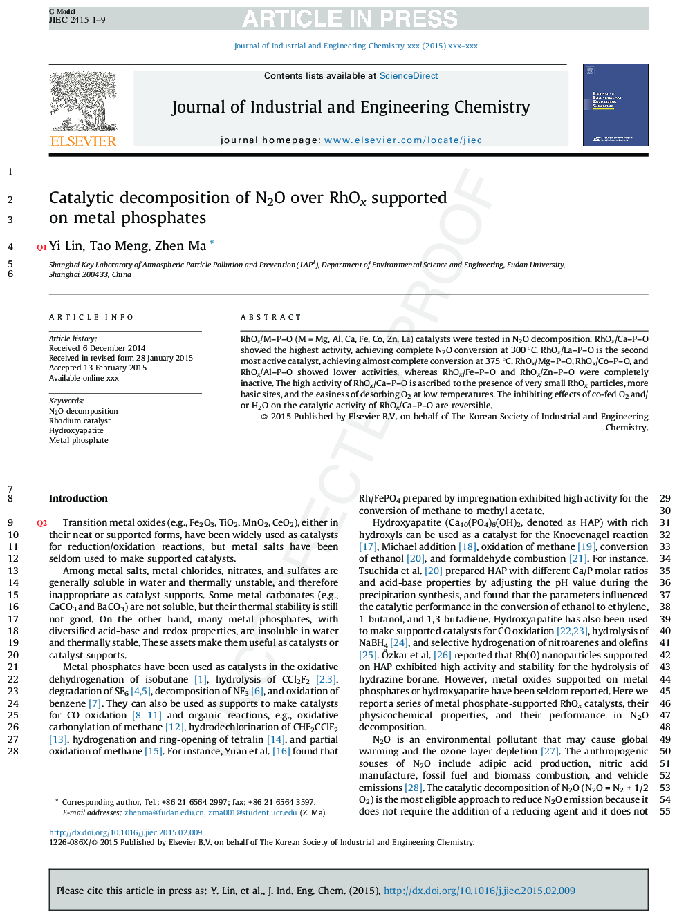 Catalytic decomposition of N2O over RhOx supported on metal phosphates