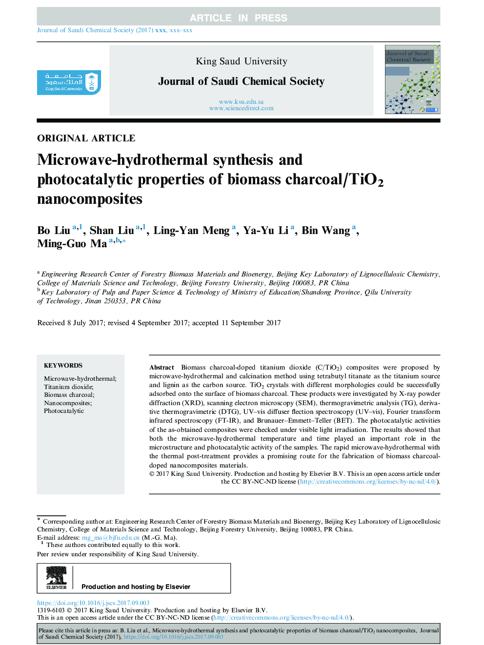 Microwave-hydrothermal synthesis and photocatalytic properties of biomass charcoal/TiO2 nanocomposites