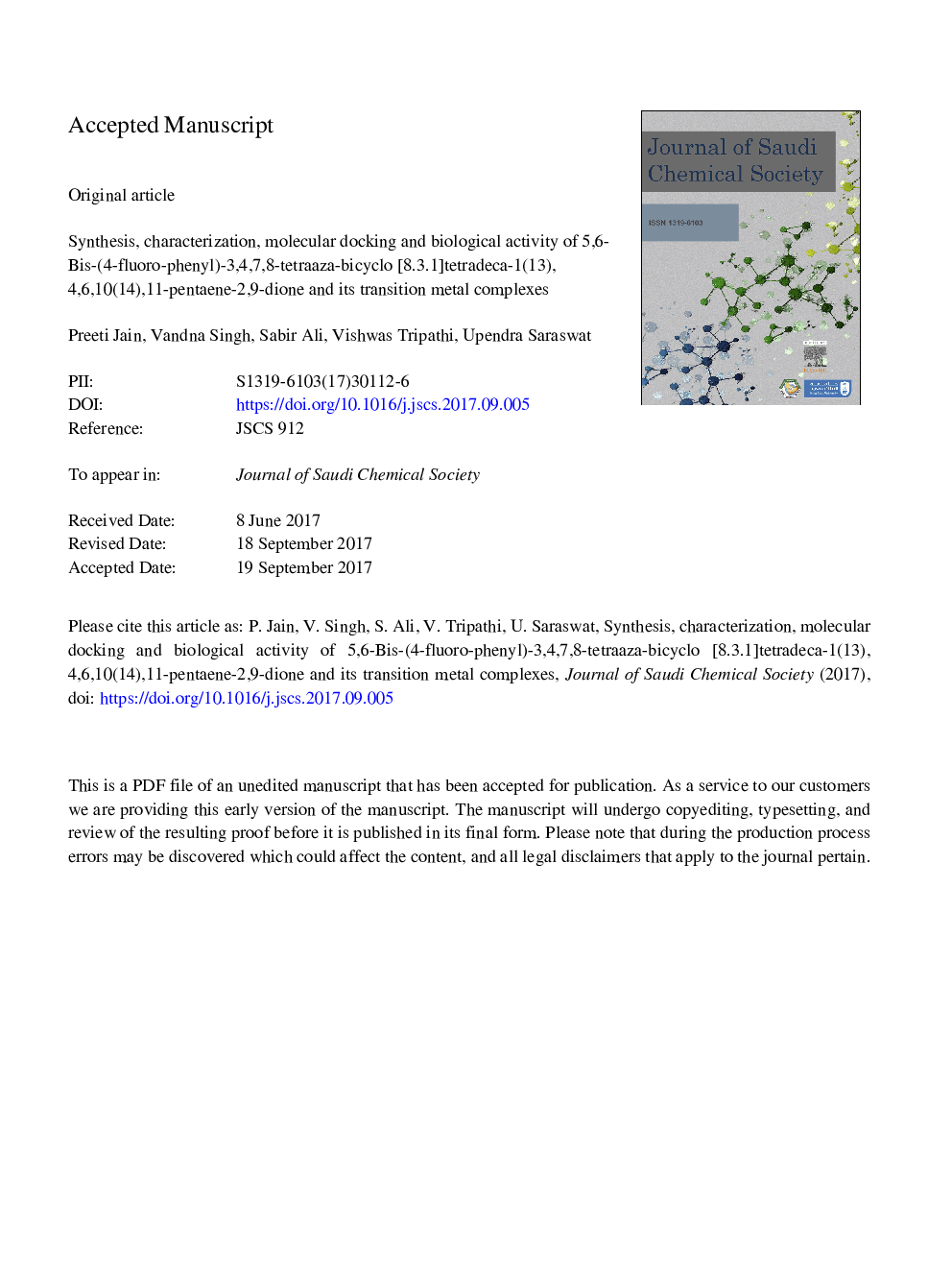 Synthesis, characterization, molecular docking and biological activity of 5,6-bis-(4-fluoro-phenyl)-3,4,7,8-tetraaza-bicyclo[8.3.1]tetradeca-1(13),4,6,10(14),11-pentaene-2,9-dione and its transition metal complexes