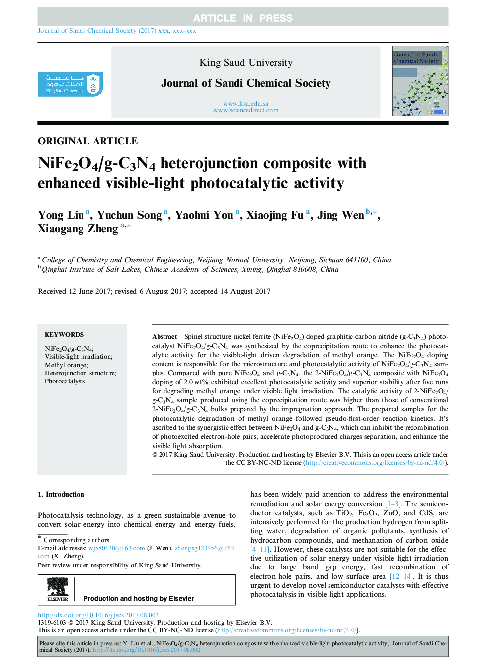 NiFe2O4/g-C3N4 heterojunction composite with enhanced visible-light photocatalytic activity