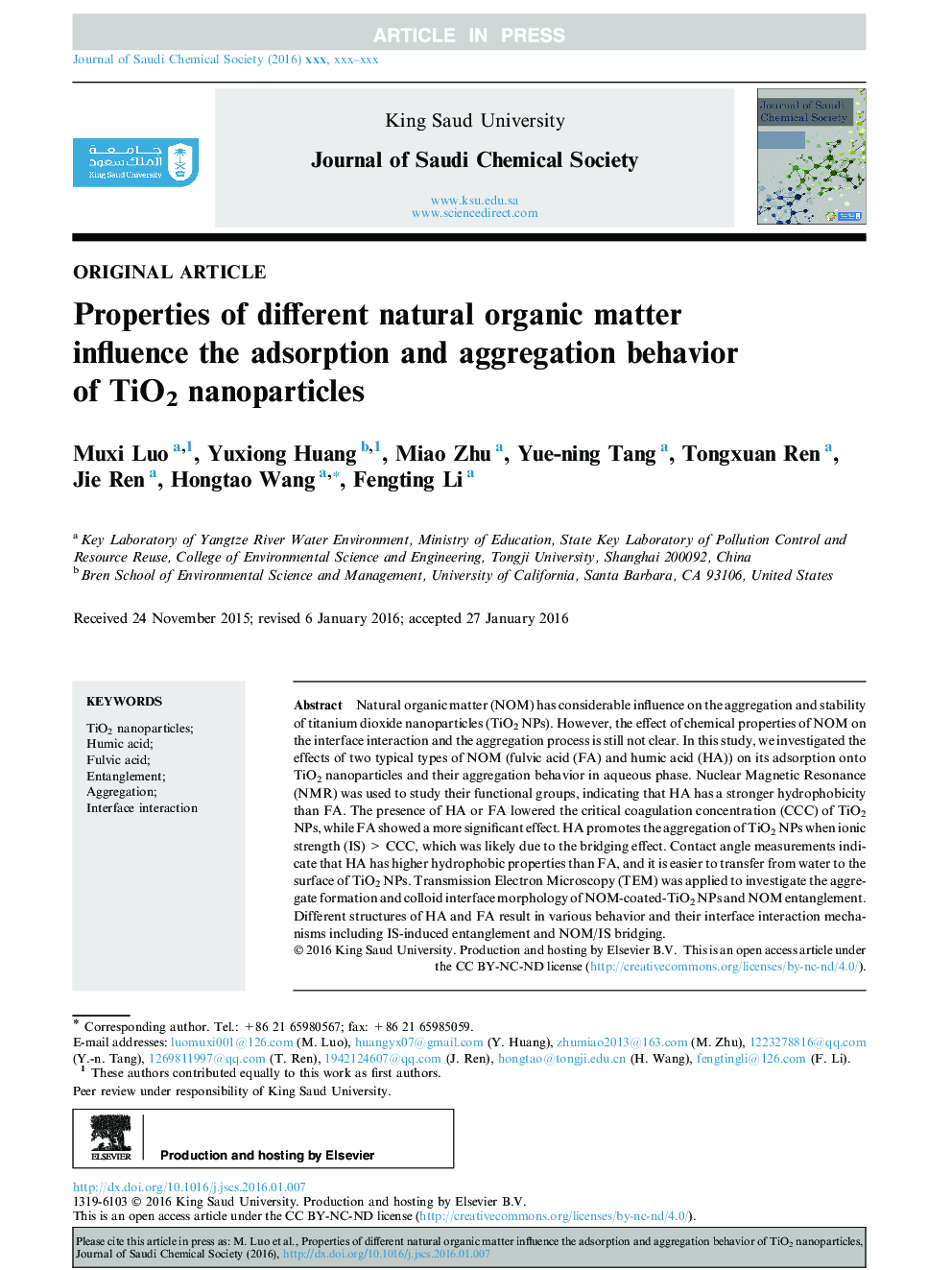 Properties of different natural organic matter influence the adsorption and aggregation behavior of TiO2 nanoparticles