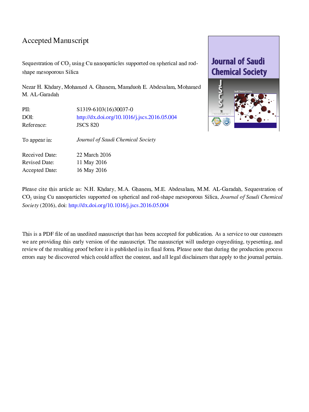 عکس صفحه اول مقاله: Sequestration of CO2 using Cu nanoparticles supported on spherical and rod-shape mesoporous silica Sequestration of CO2 using Cu nanoparticles supported on spherical and rod-shape mesoporous silica