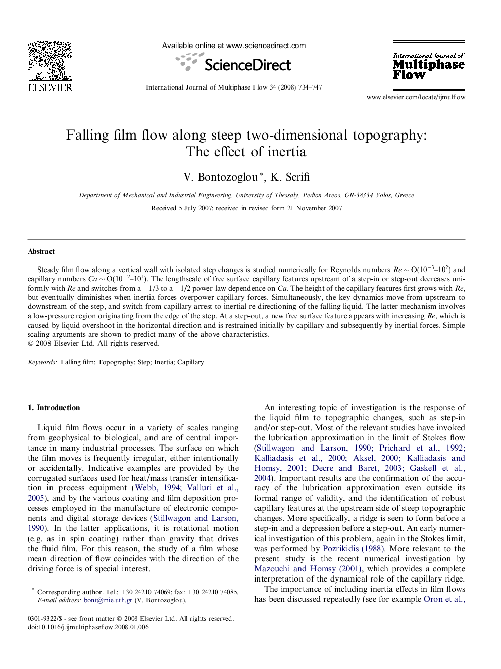 Falling film flow along steep two-dimensional topography: The effect of inertia