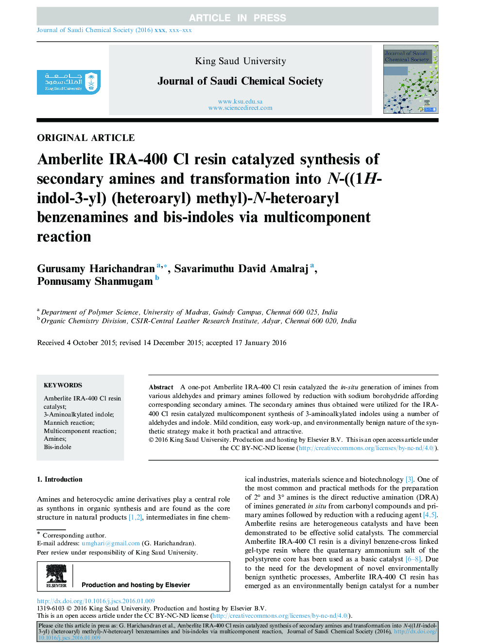 Amberlite IRA-400 Cl resin catalyzed synthesis of secondary amines and transformation into N-((1H-indol-3-yl) (heteroaryl) methyl)-N-heteroaryl benzenamines and bis-indoles via multicomponent reaction