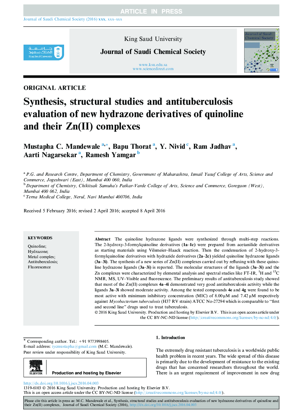 Synthesis, structural studies and antituberculosis evaluation of new hydrazone derivatives of quinoline and their Zn(II) complexes