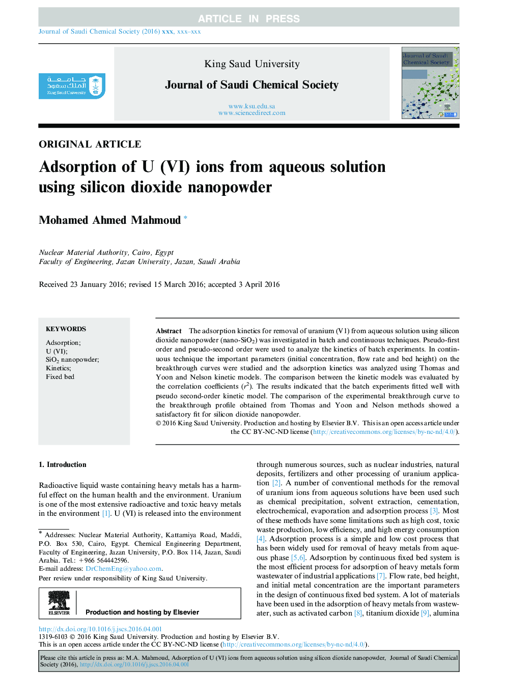 Adsorption of U (VI) ions from aqueous solution using silicon dioxide nanopowder