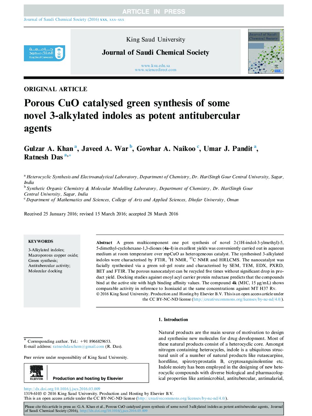 Porous CuO catalysed green synthesis of some novel 3-alkylated indoles as potent antitubercular agents