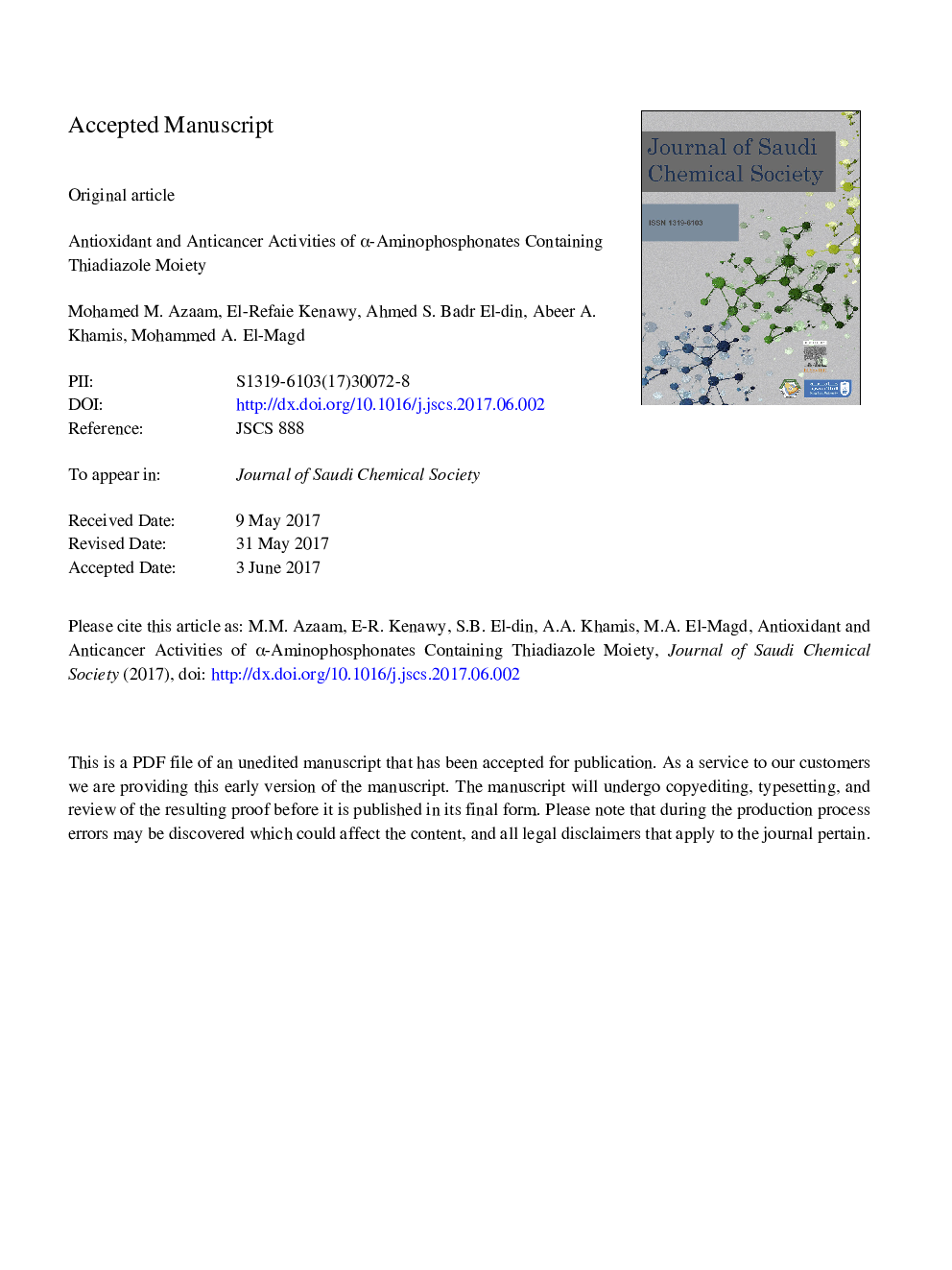 Antioxidant and anticancer activities of Î±-aminophosphonates containing thiadiazole moiety