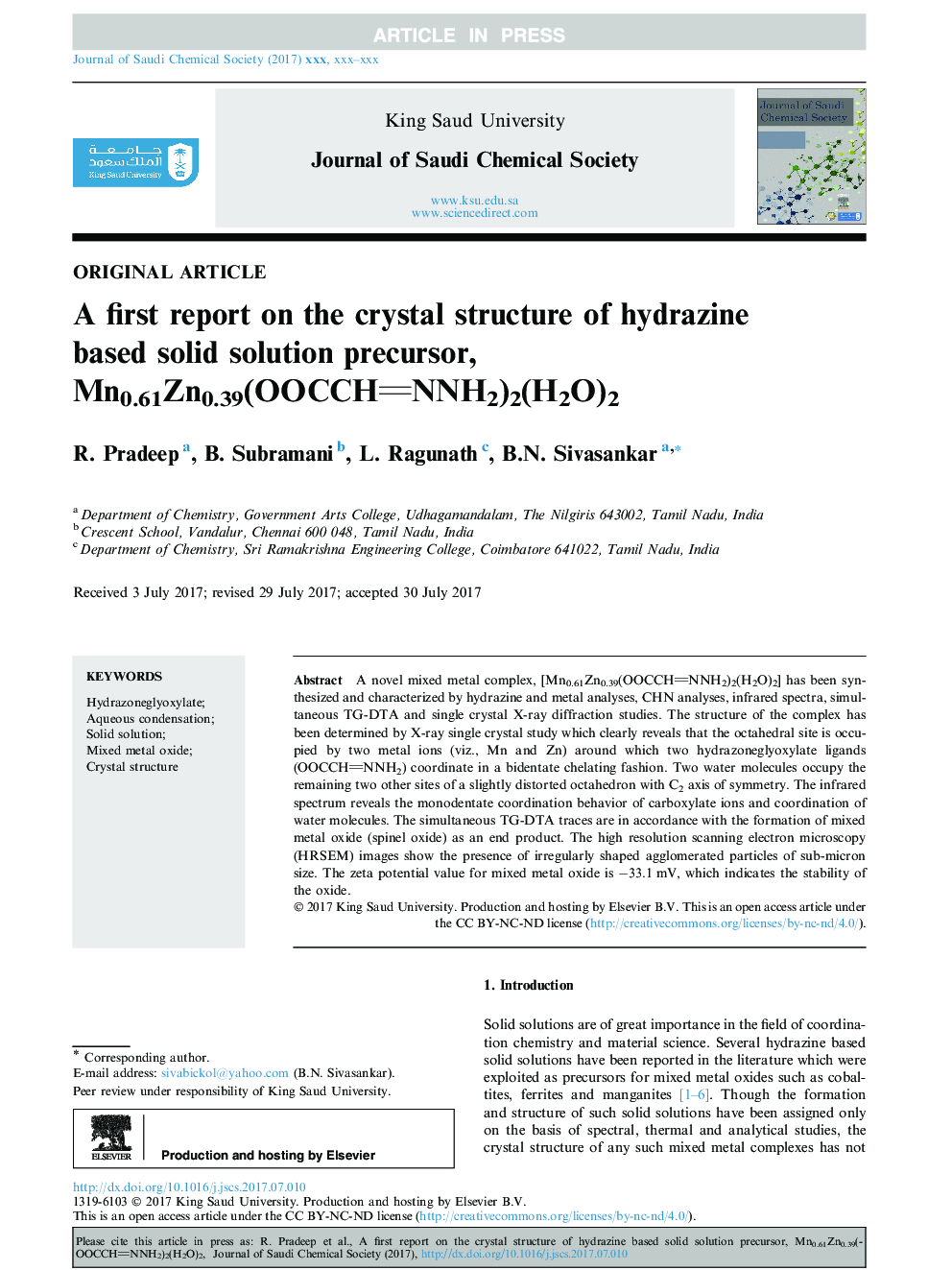 A first report on the crystal structure of hydrazine based solid solution precursor, Mn0.61Zn0.39(OOCCHNNH2)2(H2O)2