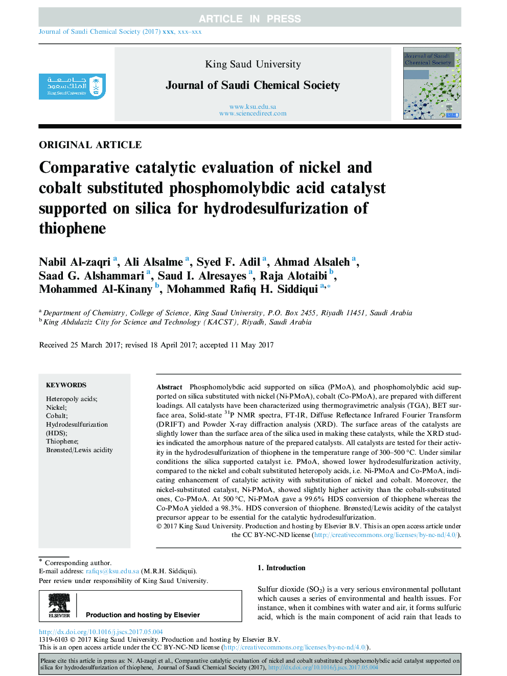 Comparative catalytic evaluation of nickel and cobalt substituted phosphomolybdic acid catalyst supported on silica for hydrodesulfurization of thiophene