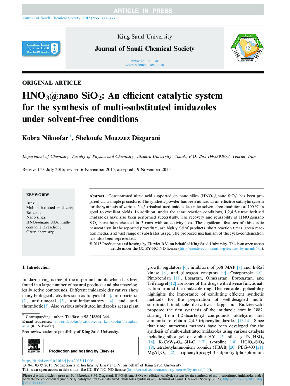 HNO3@nano SiO2: An efficient catalytic system for the synthesis of multi-substituted imidazoles under solvent-free conditions