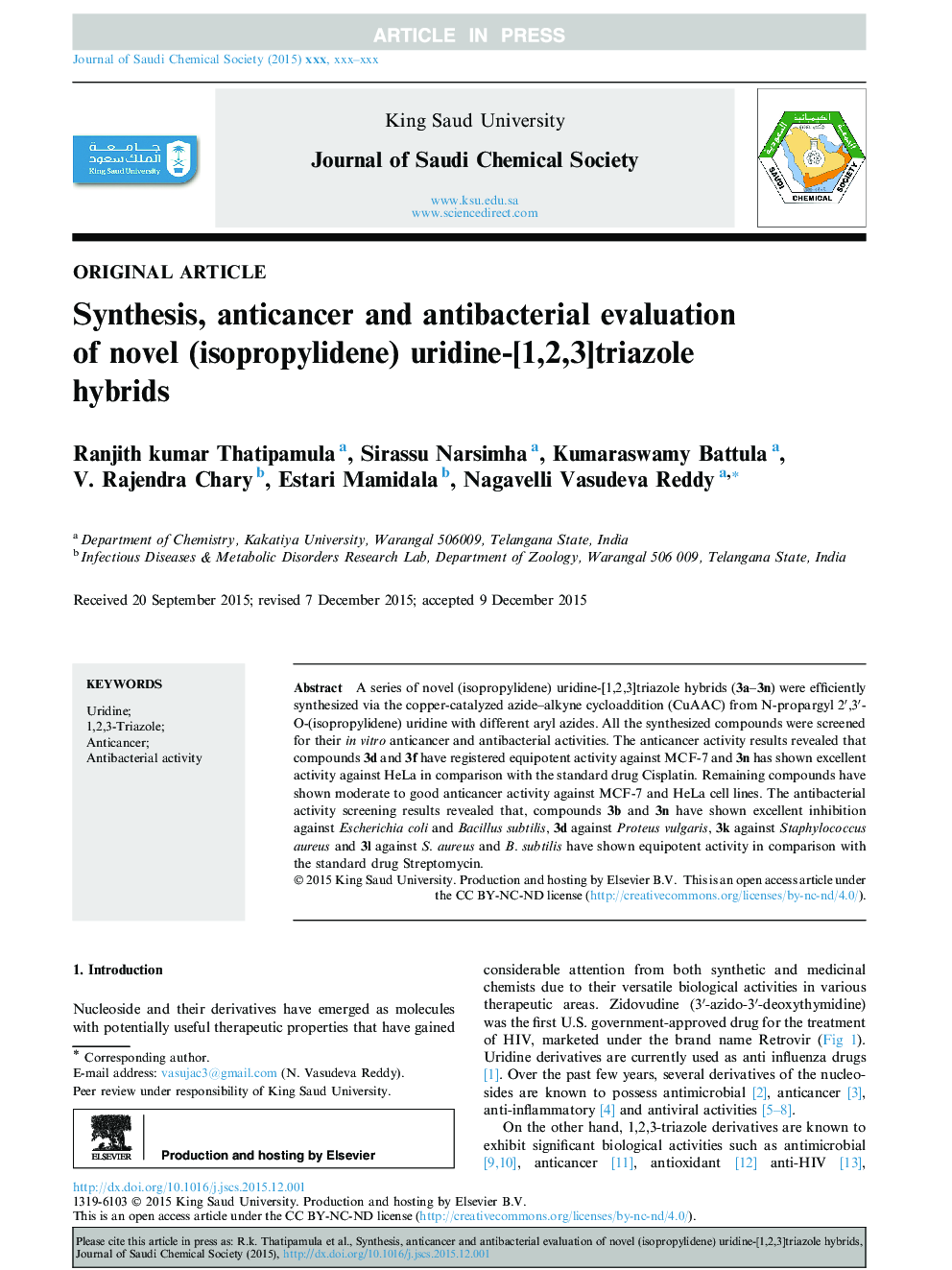 Synthesis, anticancer and antibacterial evaluation of novel (isopropylidene) uridine-[1,2,3]triazole hybrids