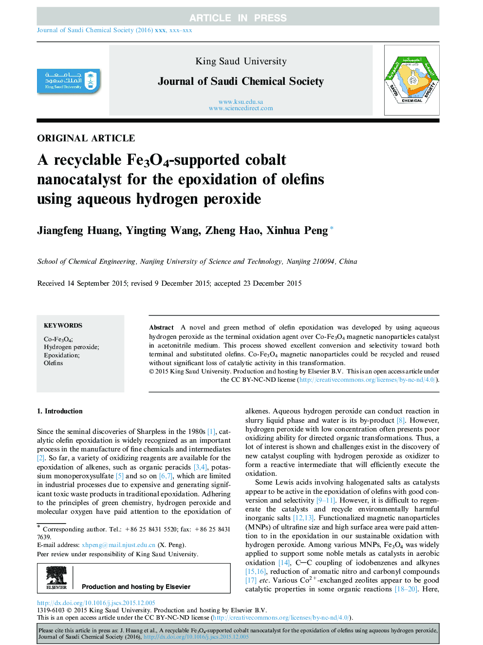 A recyclable Fe3O4-supported cobalt nanocatalyst for the epoxidation of olefins using aqueous hydrogen peroxide