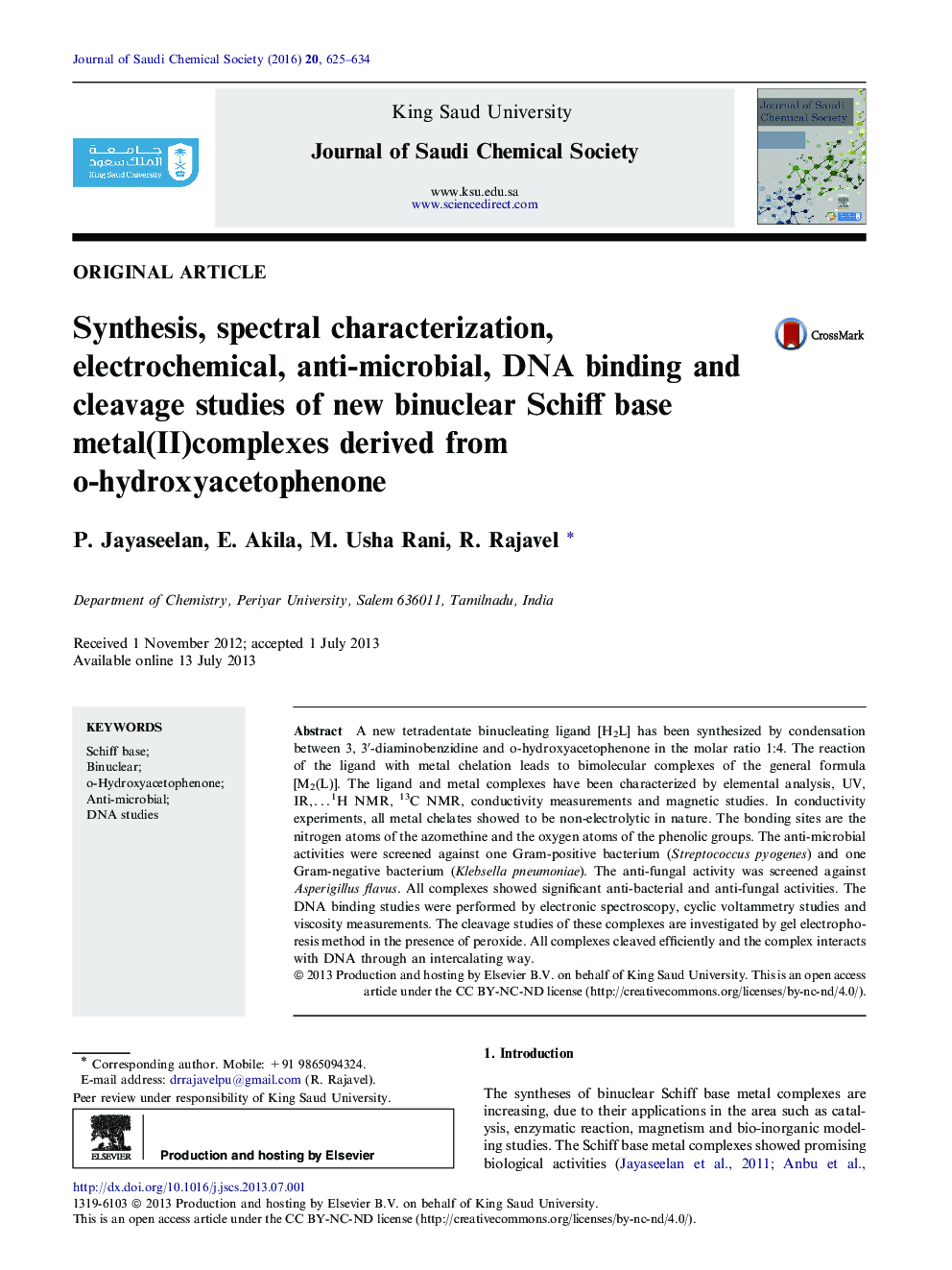 Synthesis, spectral characterization, electrochemical, anti-microbial, DNA binding and cleavage studies of new binuclear Schiff base metal(II) complexes derived from o-hydroxyacetophenone