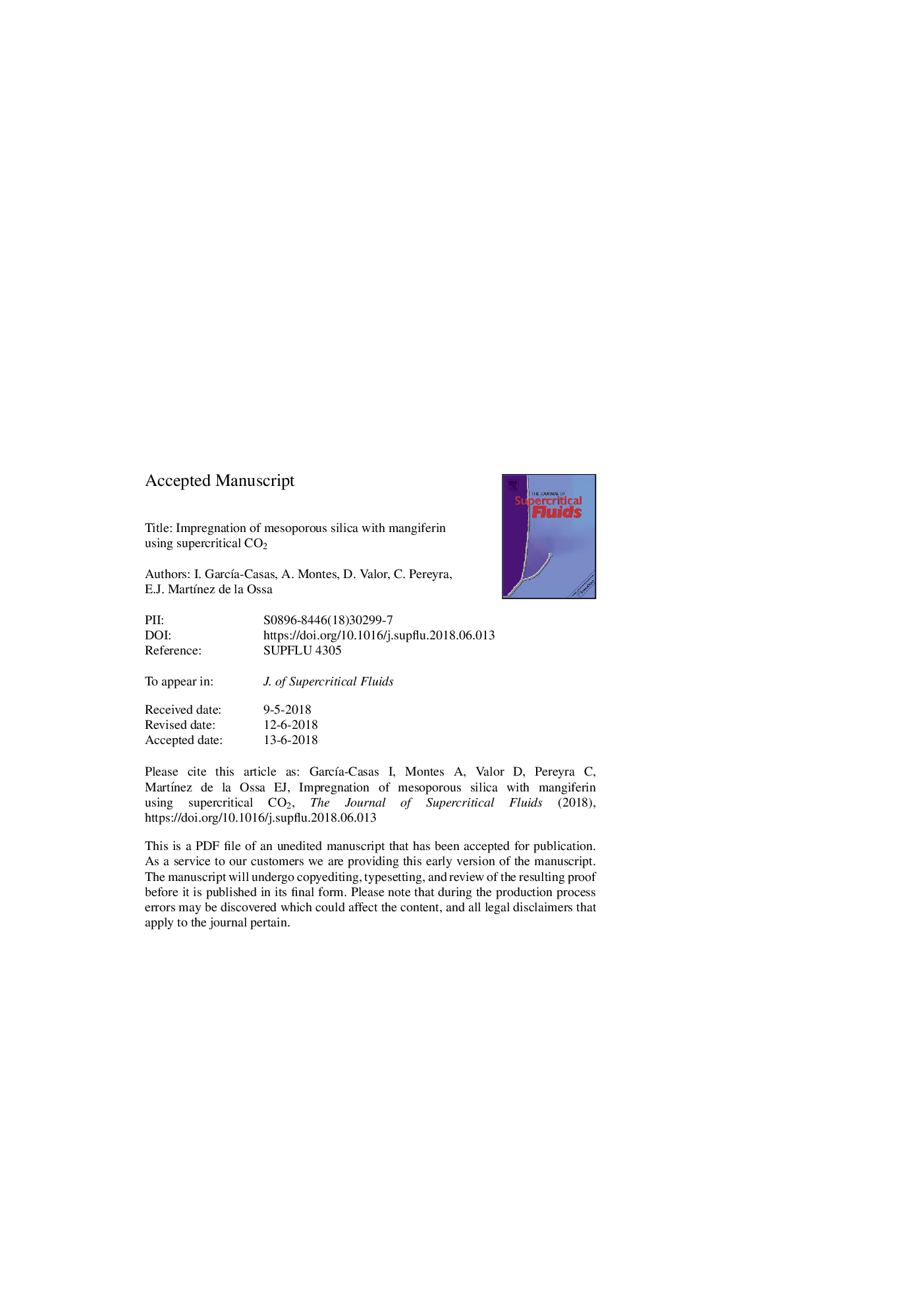 Impregnation of mesoporous silica with mangiferin using supercritical CO2