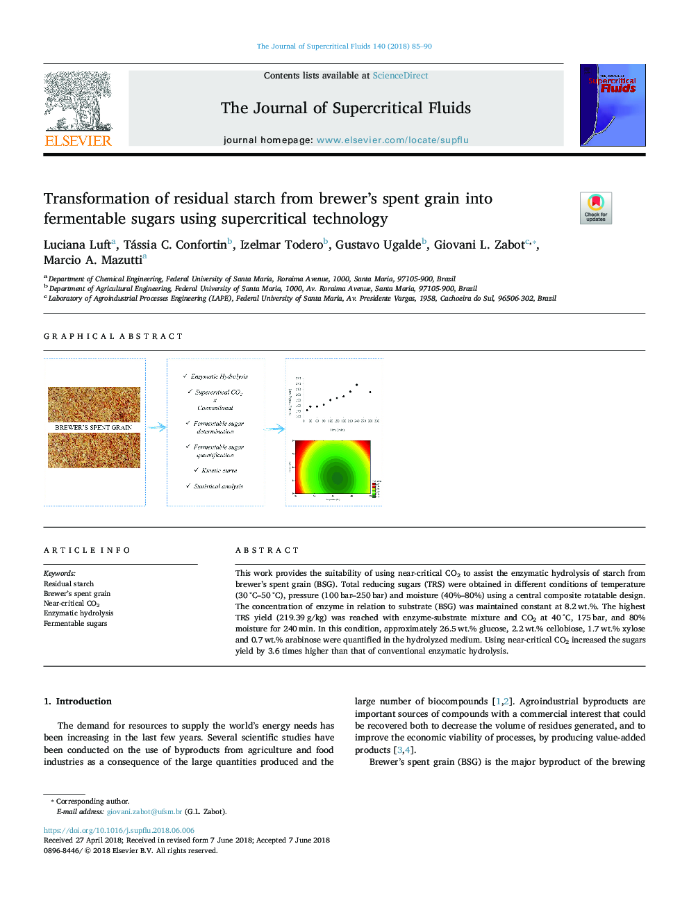 Transformation of residual starch from brewer's spent grain into fermentable sugars using supercritical technology