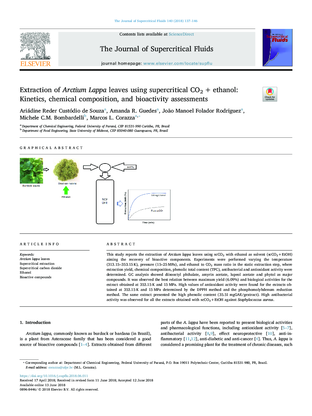 Extraction of Arctium Lappa leaves using supercritical CO2â¯+â¯ethanol: Kinetics, chemical composition, and bioactivity assessments