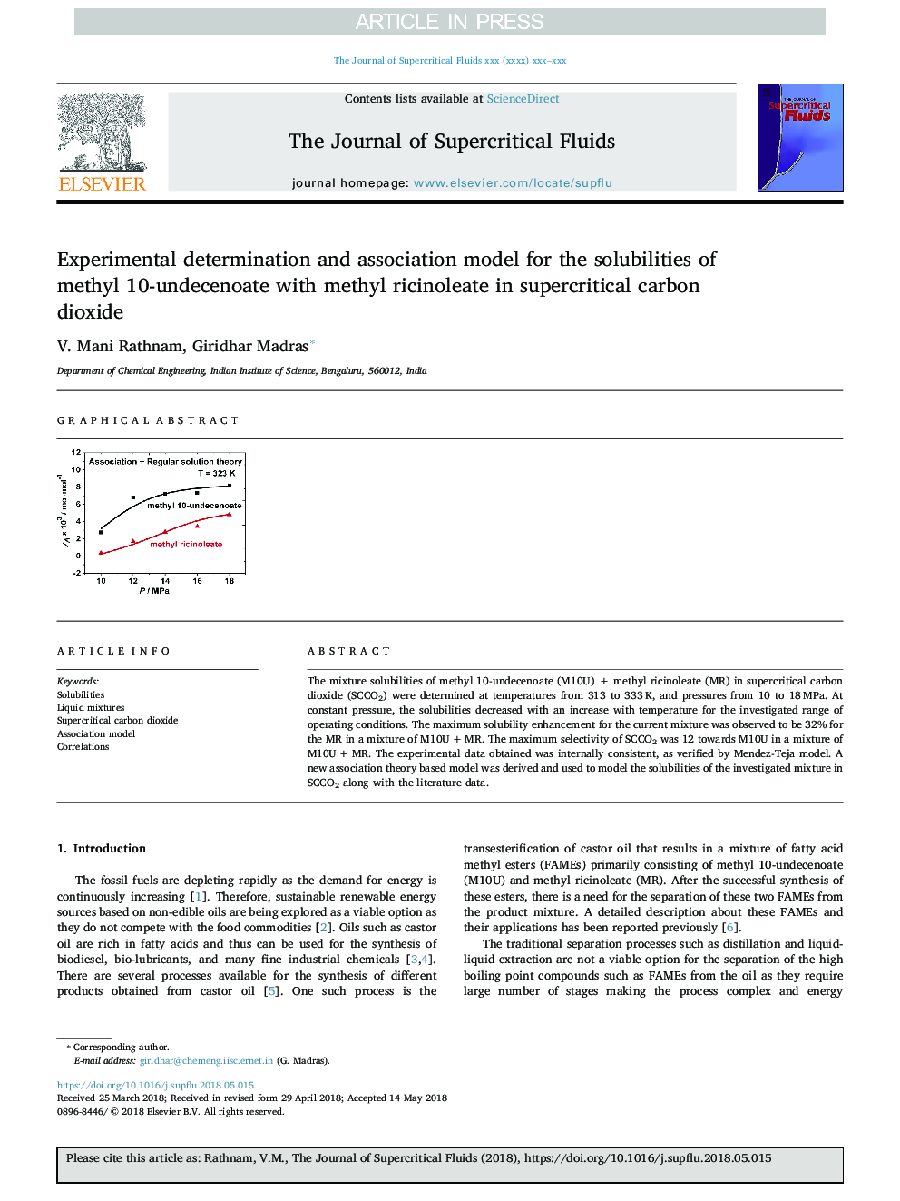Experimental determination and association model for the solubilities of methyl 10-undecenoate with methyl ricinoleate in supercritical carbon dioxide