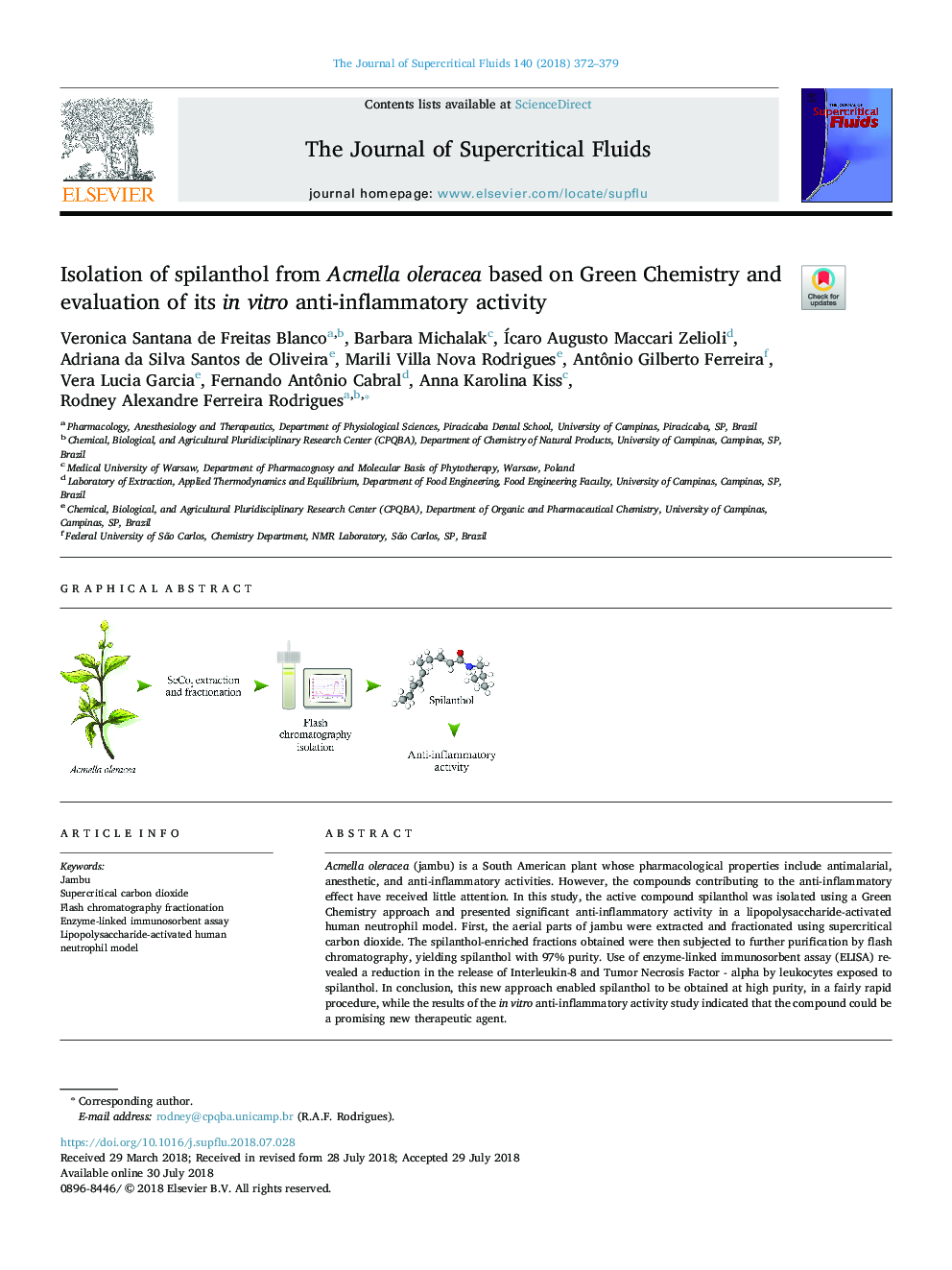 Isolation of spilanthol from Acmella oleracea based on Green Chemistry and evaluation of its in vitro anti-inflammatory activity