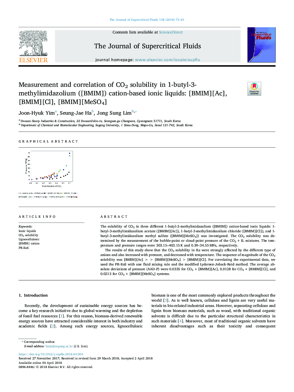 Measurement and correlation of CO2 solubility in 1-butyl-3-methylimidazolium ([BMIM]) cation-based ionic liquids: [BMIM][Ac], [BMIM][Cl], [BMIM][MeSO4]