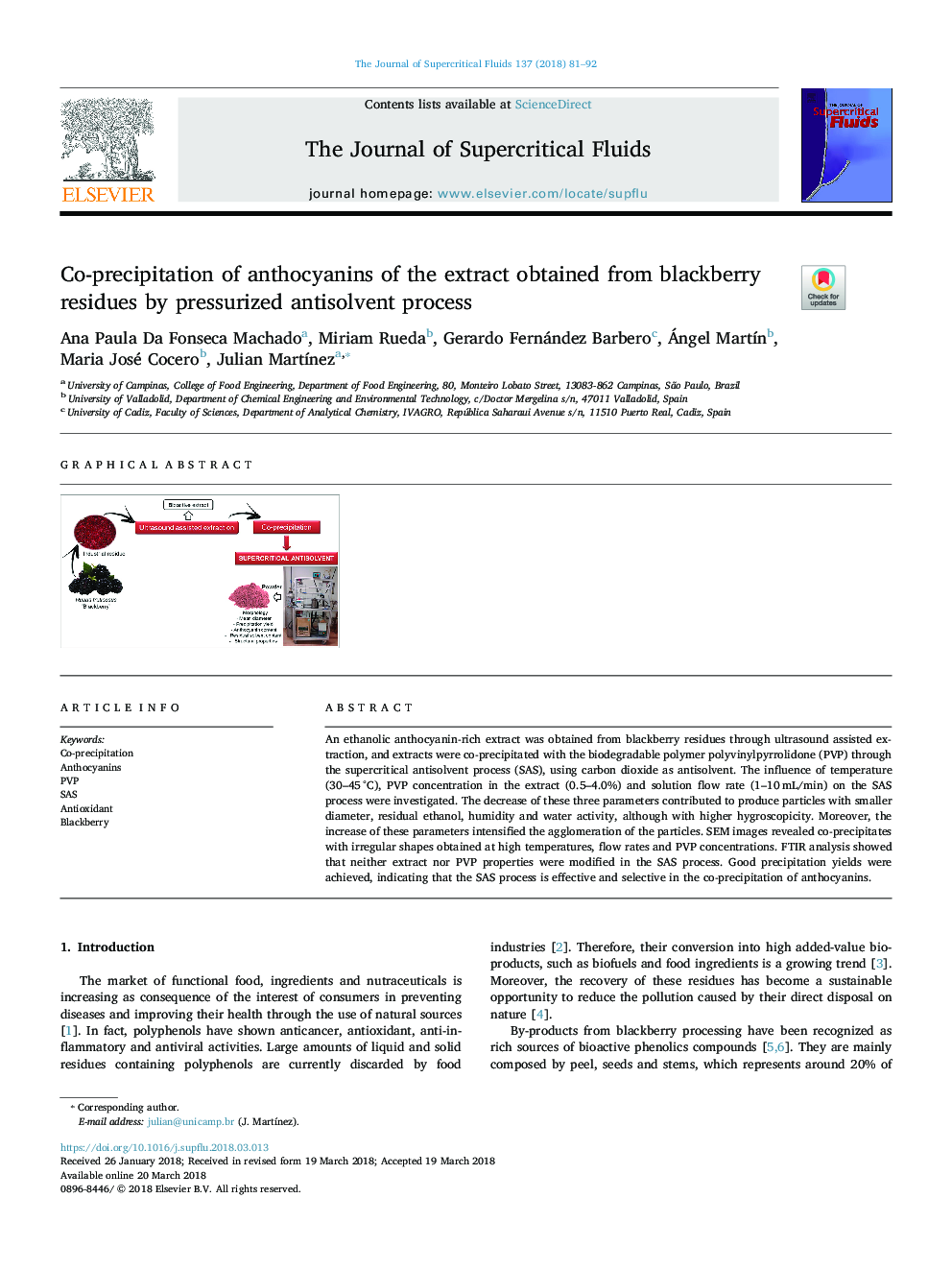 Co-precipitation of anthocyanins of the extract obtained from blackberry residues by pressurized antisolvent process