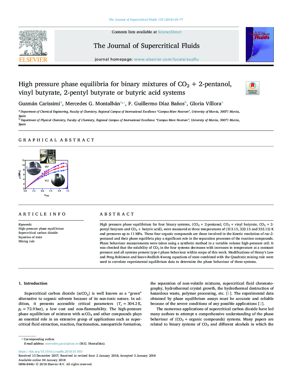 High pressure phase equilibria for binary mixtures of CO2â¯+â¯2-pentanol, vinyl butyrate, 2-pentyl butyrate or butyric acid systems