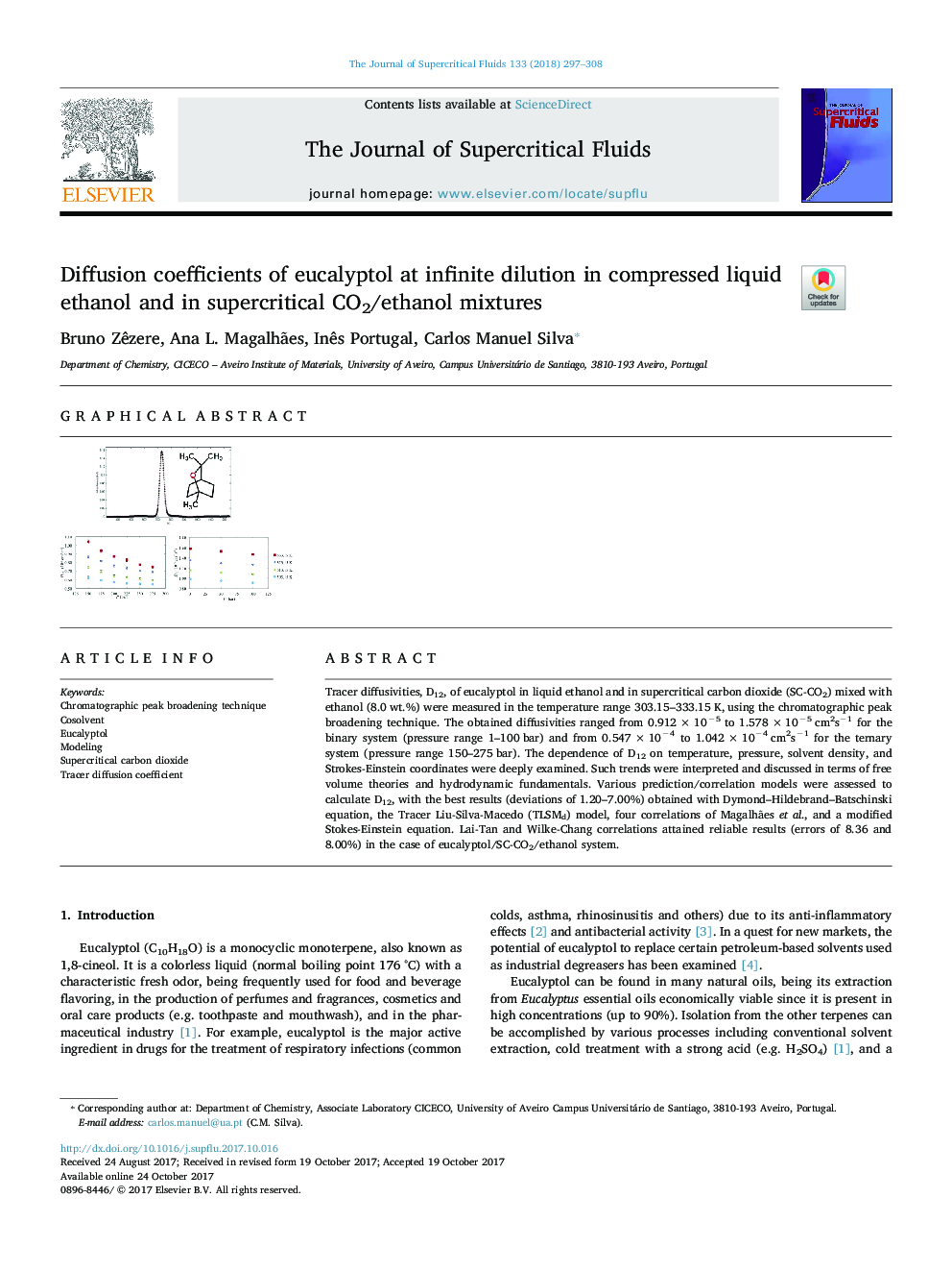 Diffusion coefficients of eucalyptol at infinite dilution in compressed liquid ethanol and in supercritical CO2/ethanol mixtures