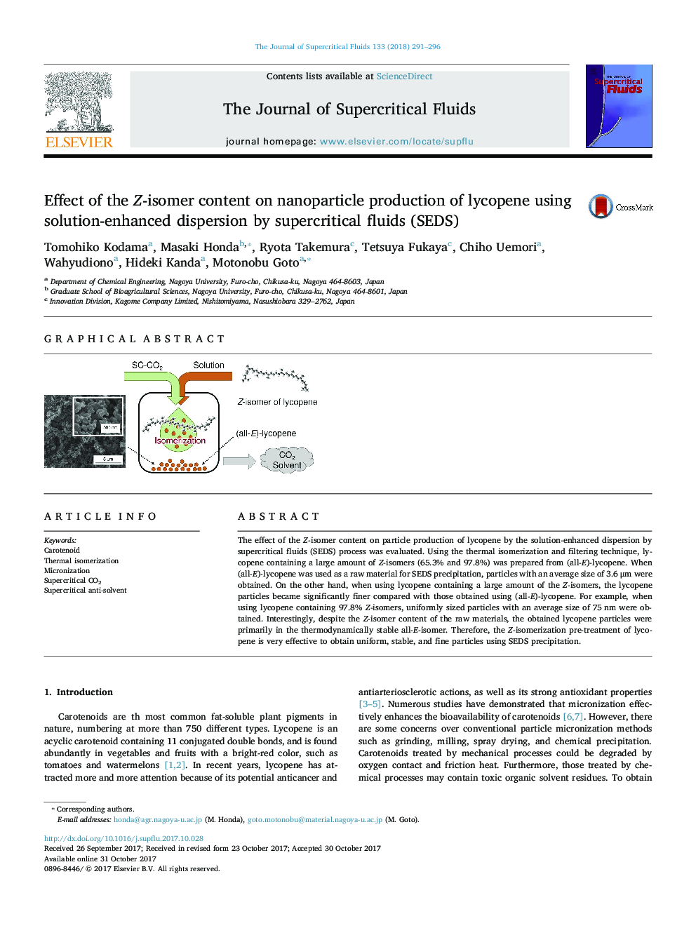 Effect of the Z-isomer content on nanoparticle production of lycopene using solution-enhanced dispersion by supercritical fluids (SEDS)