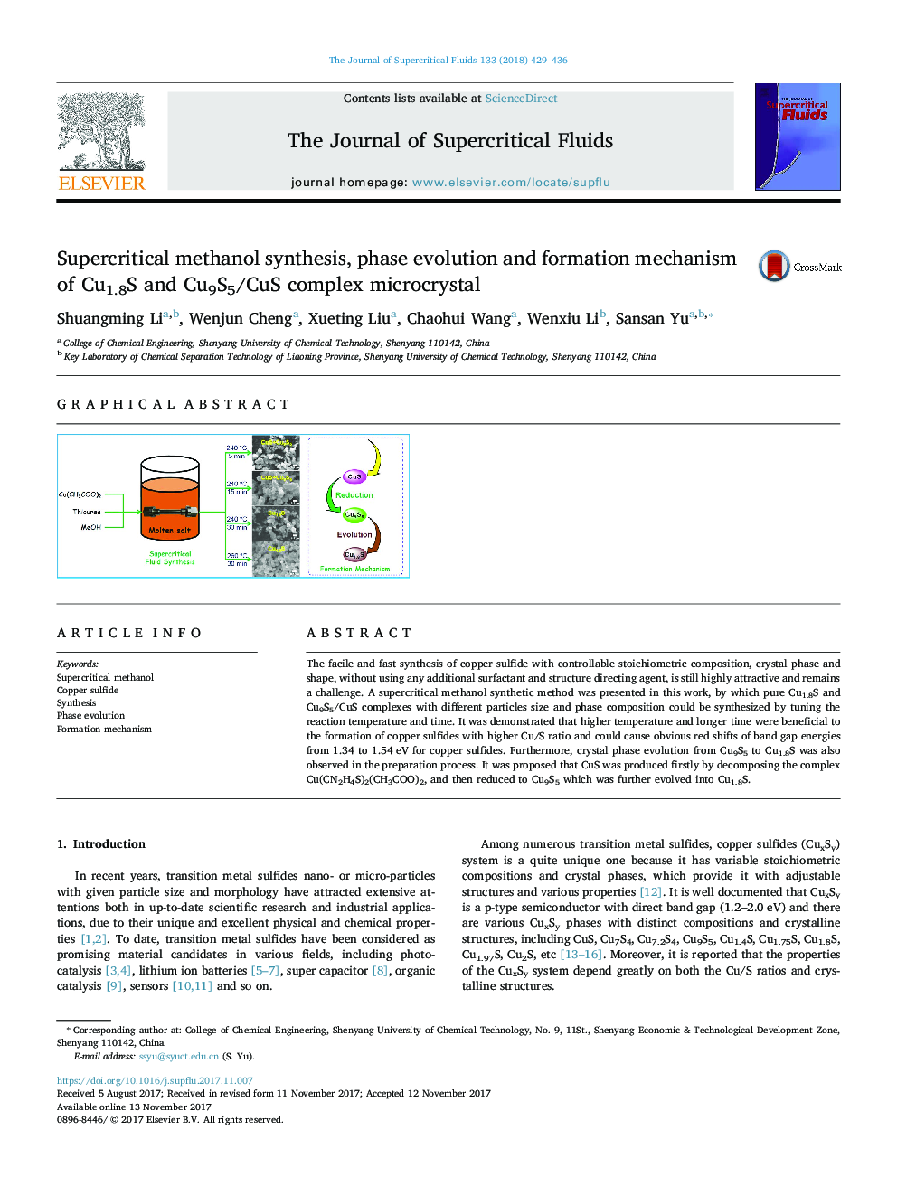 Supercritical methanol synthesis, phase evolution and formation mechanism of Cu1.8S and Cu9S5/CuS complex microcrystal