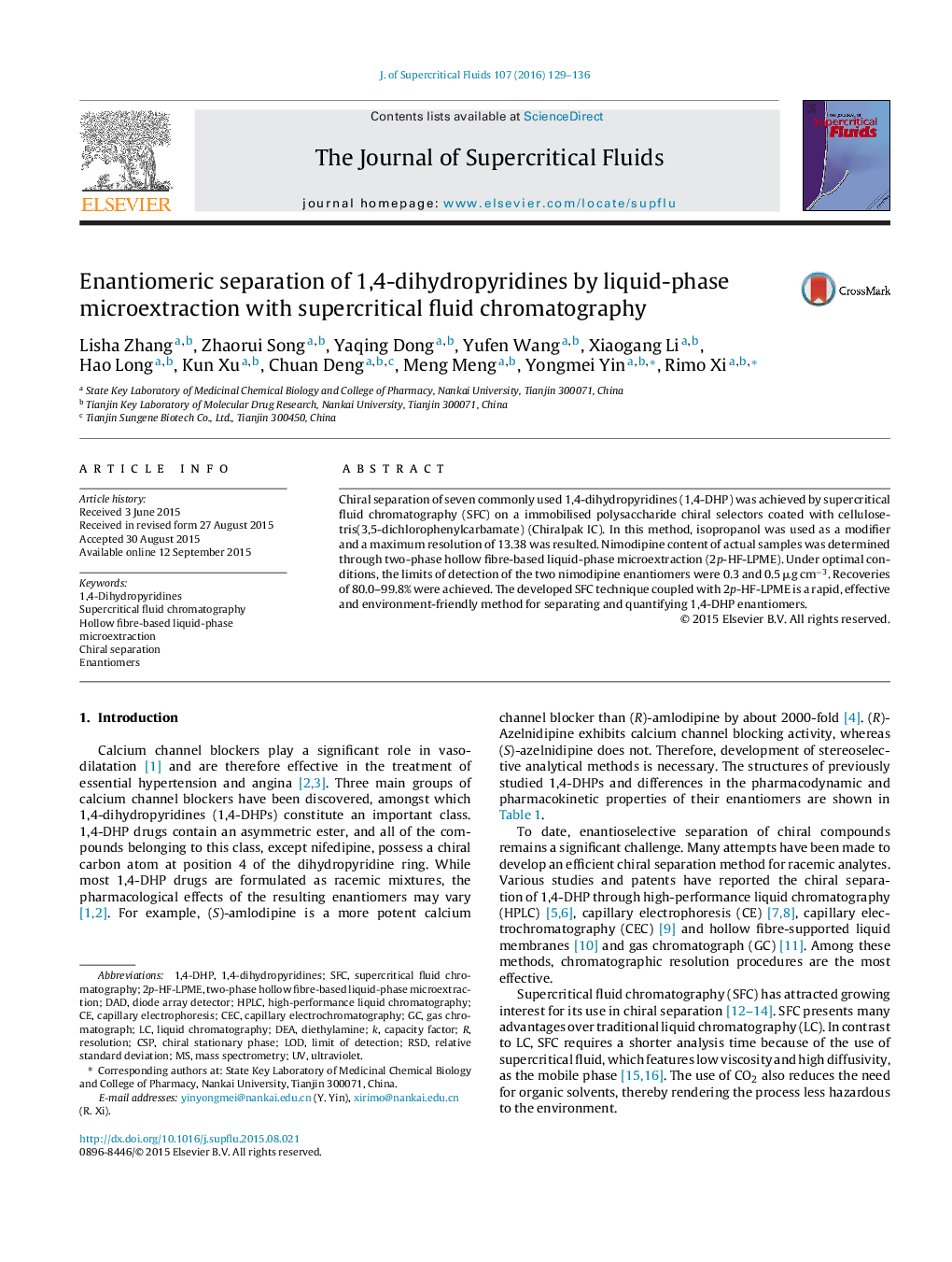 Enantiomeric separation of 1,4-dihydropyridines by liquid-phase microextraction with supercritical fluid chromatography