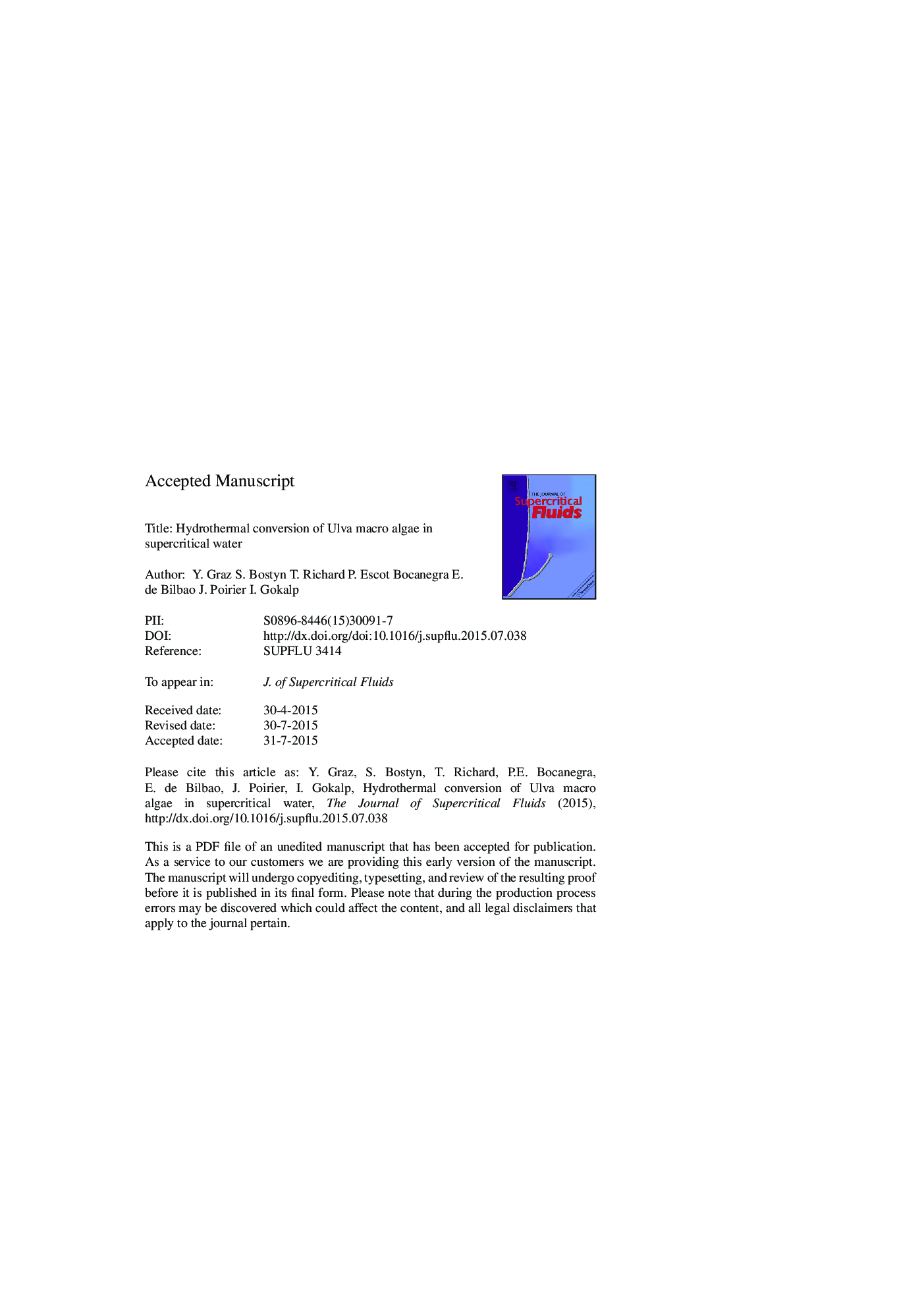 Hydrothermal conversion of Ulva macro algae in supercritical water