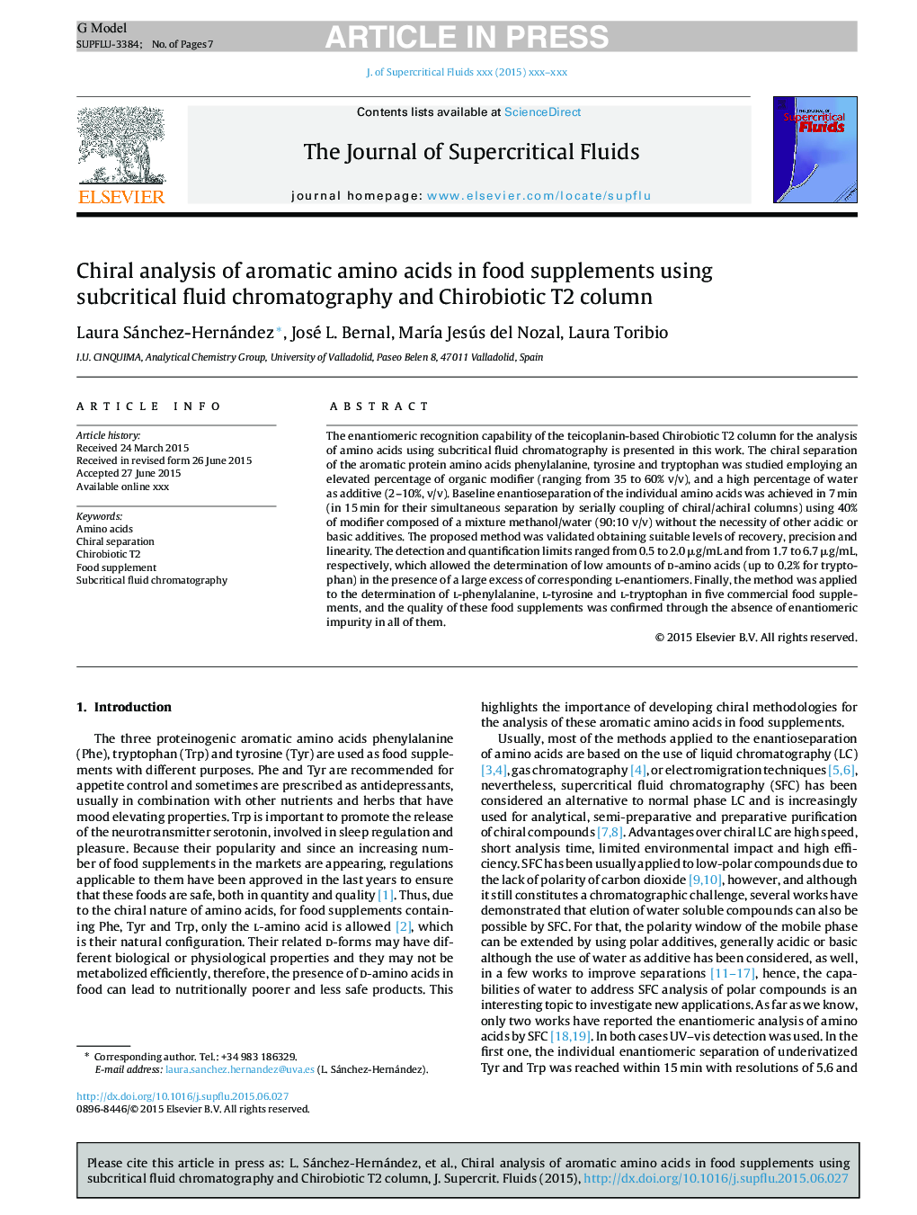 Chiral analysis of aromatic amino acids in food supplements using subcritical fluid chromatography and Chirobiotic T2 column