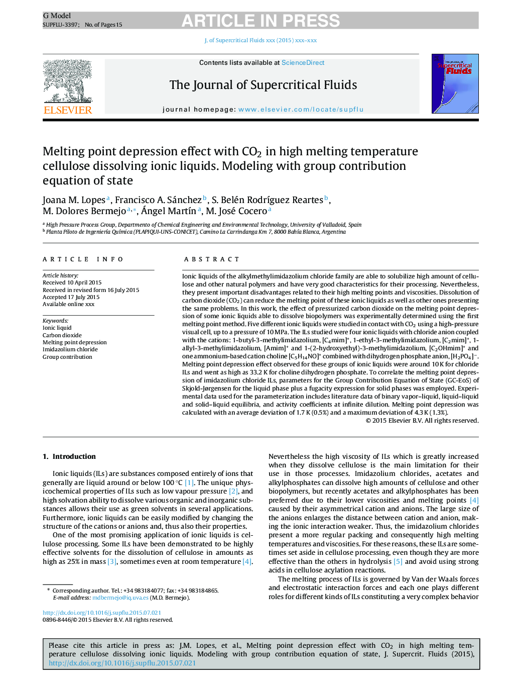 Melting point depression effect with CO2 in high melting temperature cellulose dissolving ionic liquids. Modeling with group contribution equation of state