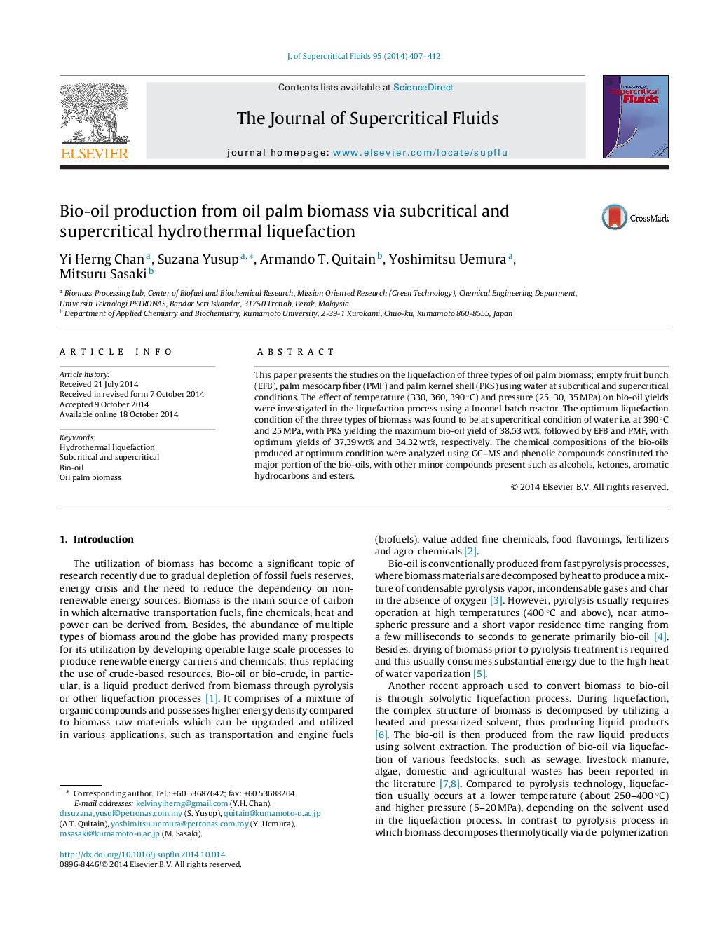 Bio-oil production from oil palm biomass via subcritical and supercritical hydrothermal liquefaction